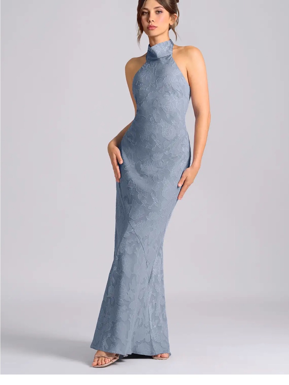 Azazie Velli - Dusty Blue Mermaid High Neck Floral Burnout Dress